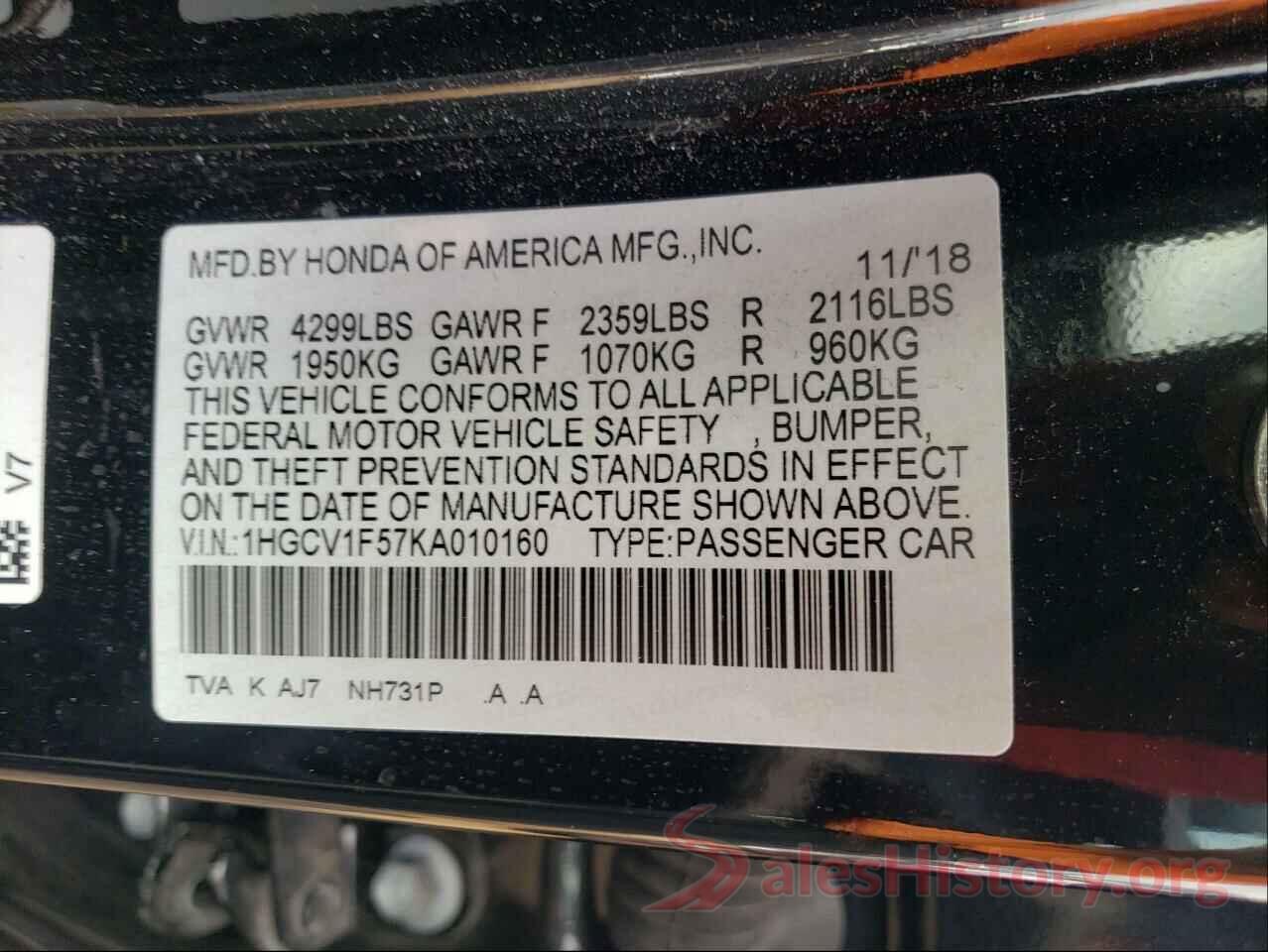 1HGCV1F57KA010160 2019 HONDA ACCORD