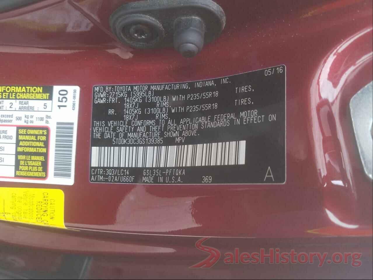 5TDDK3DC3GS139385 2016 TOYOTA SIENNA