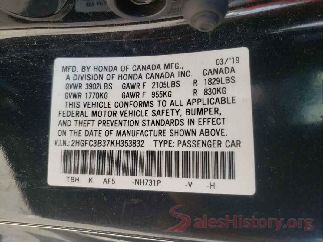 2HGFC3B37KH353832 2019 HONDA CIVIC