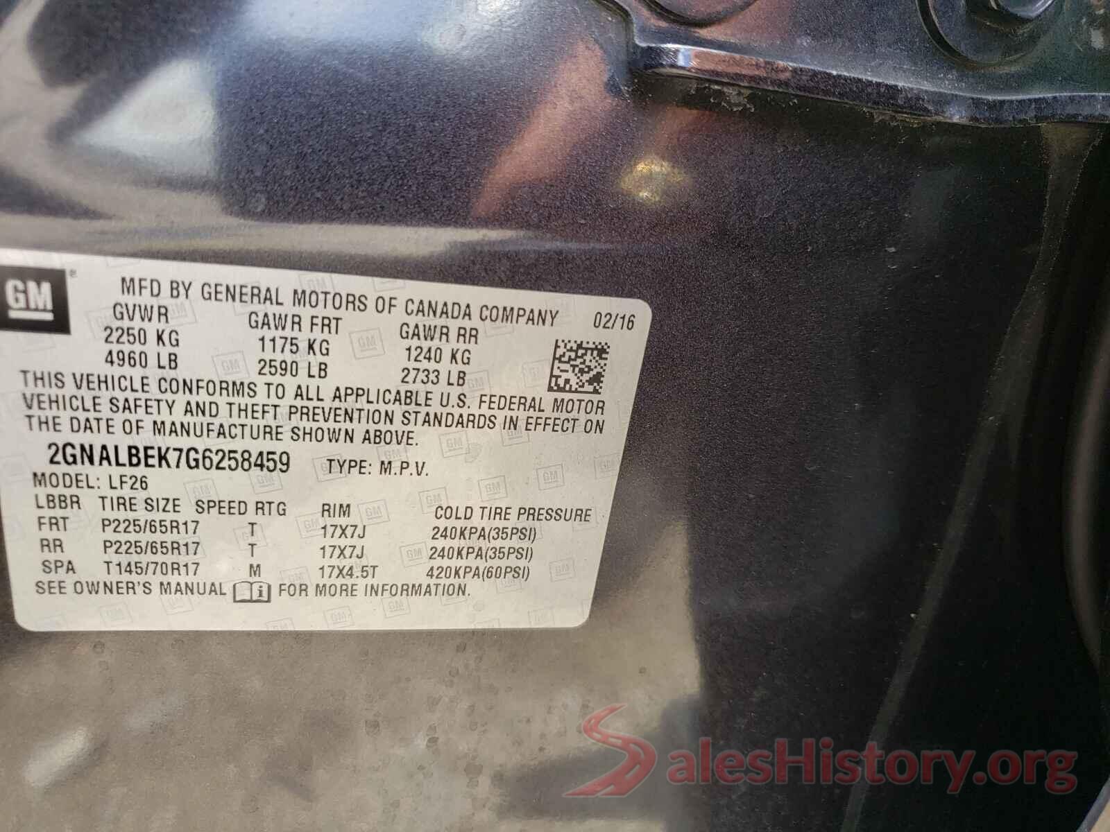 2GNALBEK7G6258459 2016 CHEVROLET EQUINOX