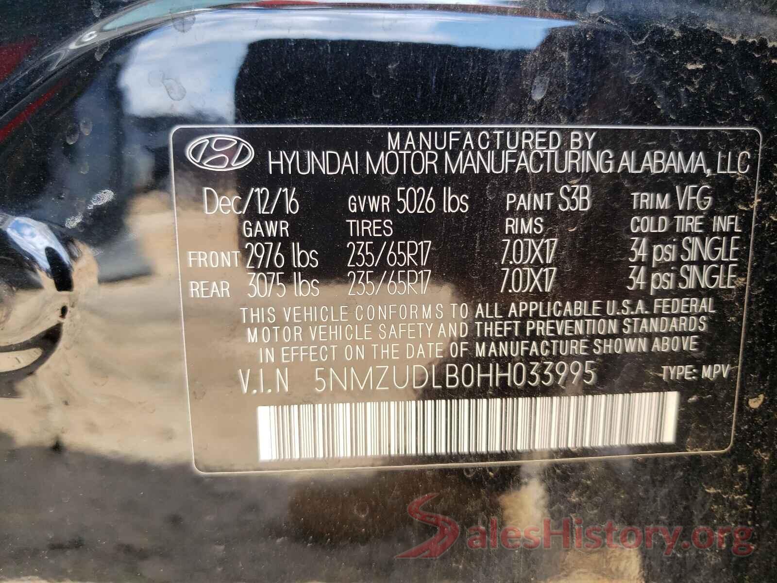 5NMZUDLB0HH033995 2017 HYUNDAI SANTA FE