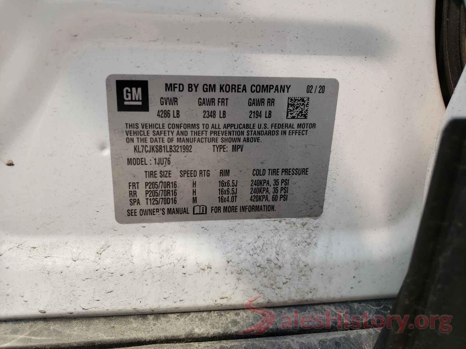 KL7CJKSB1LB321992 2020 CHEVROLET TRAX