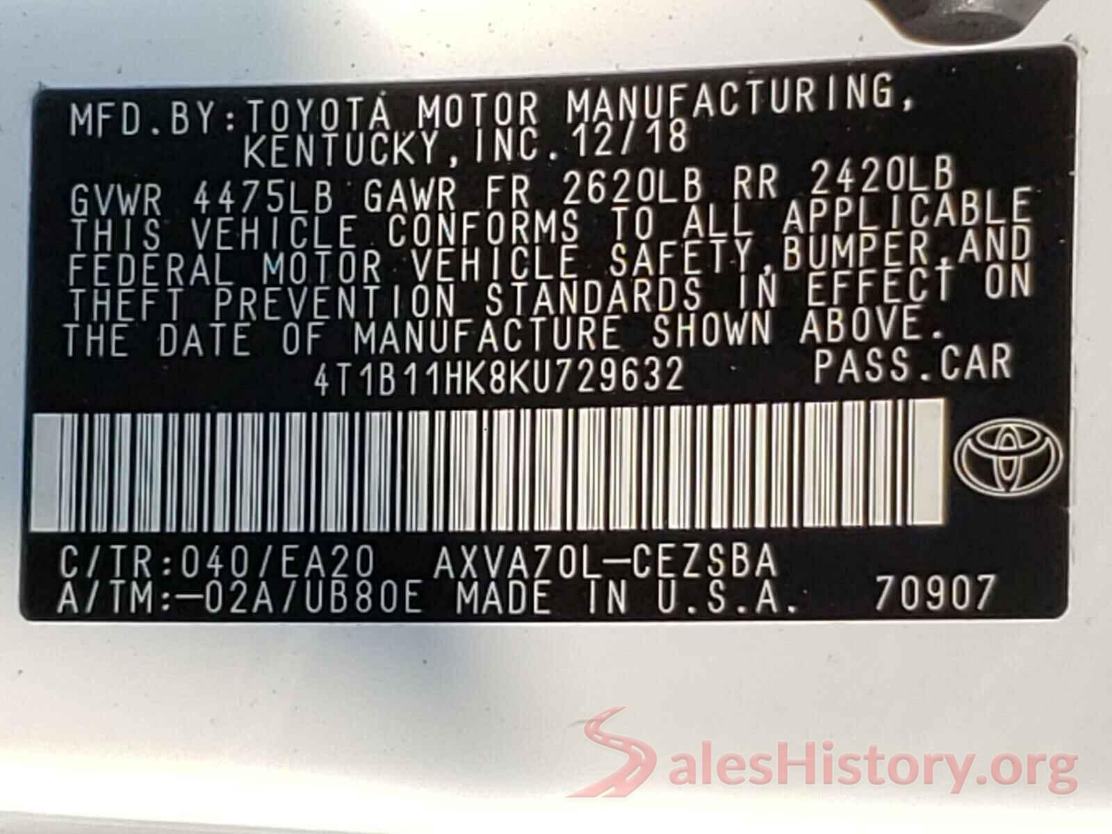 4T1B11HK8KU729632 2019 TOYOTA CAMRY