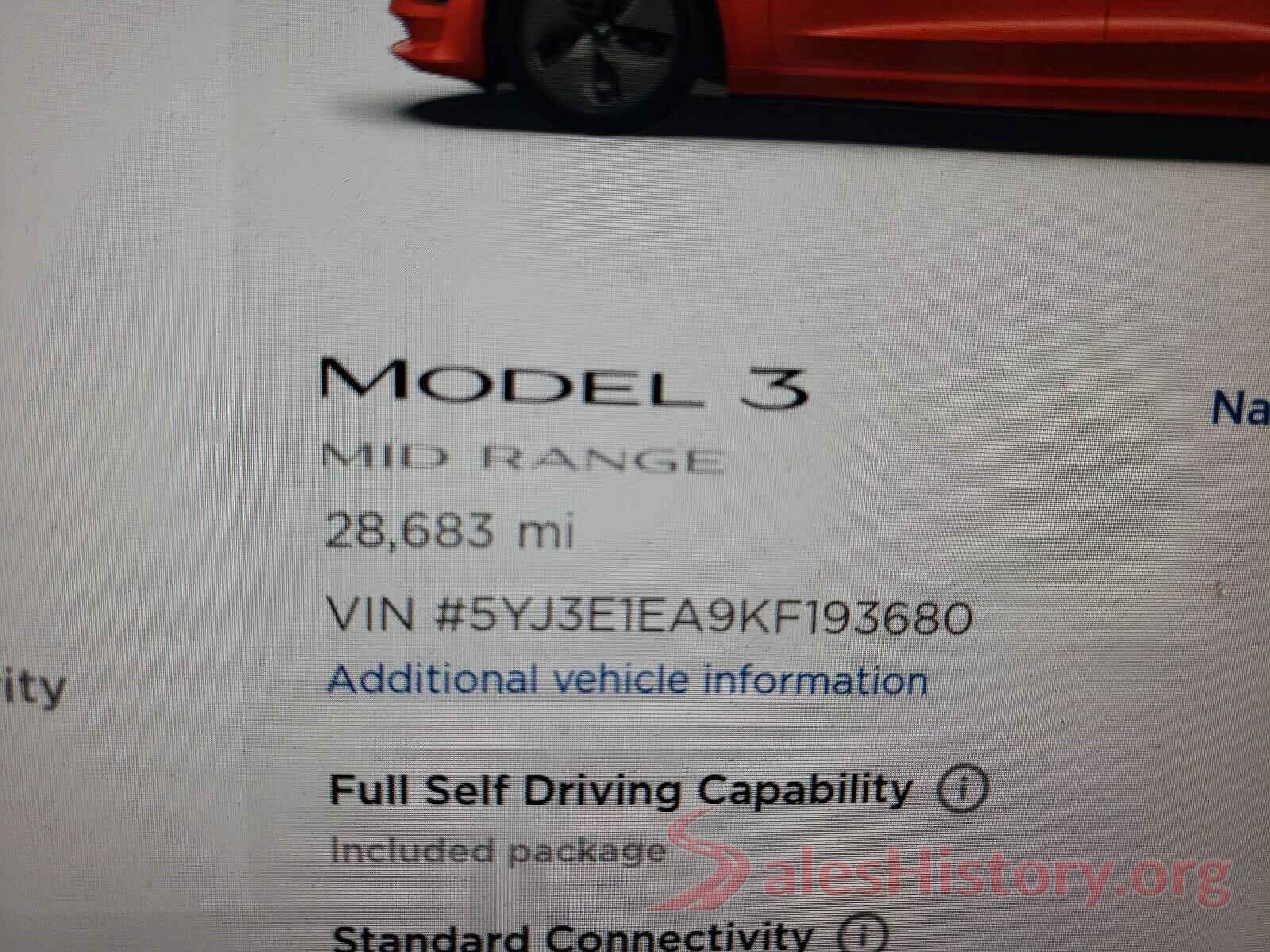 5YJ3E1EA9KF193680 2019 TESLA MODEL 3