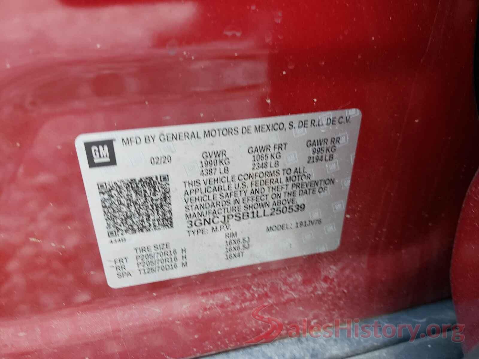 3GNCJPSB1LL250539 2020 CHEVROLET TRAX