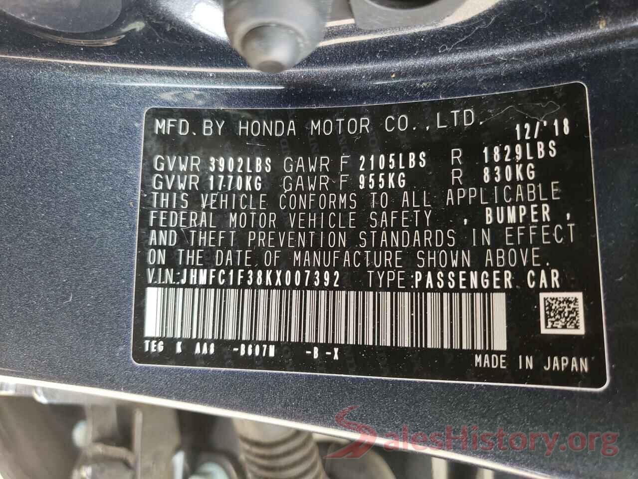 JHMFC1F38KX007392 2019 HONDA CIVIC