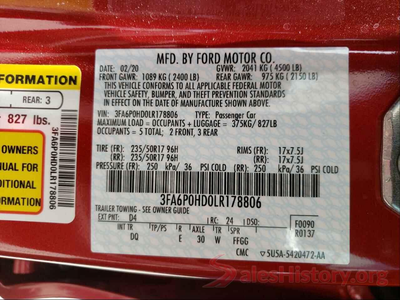 3FA6P0HD0LR178806 2020 FORD FUSION