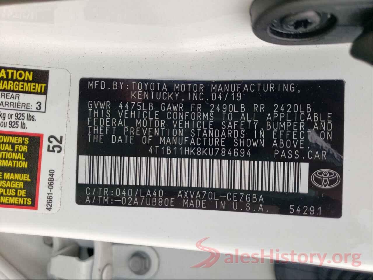 4T1B11HK8KU784694 2019 TOYOTA CAMRY