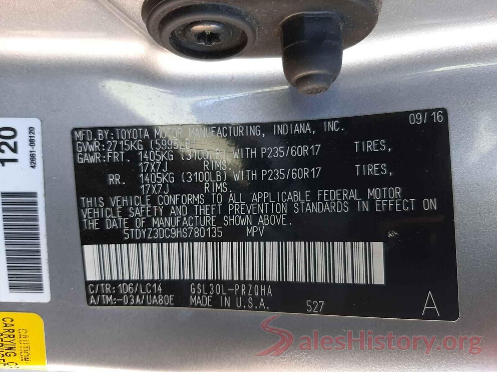 5TDYZ3DC9HS780135 2017 TOYOTA SIENNA