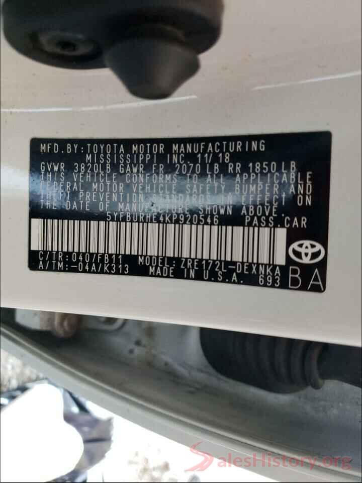 5YFBURHE4KP920546 2019 TOYOTA COROLLA