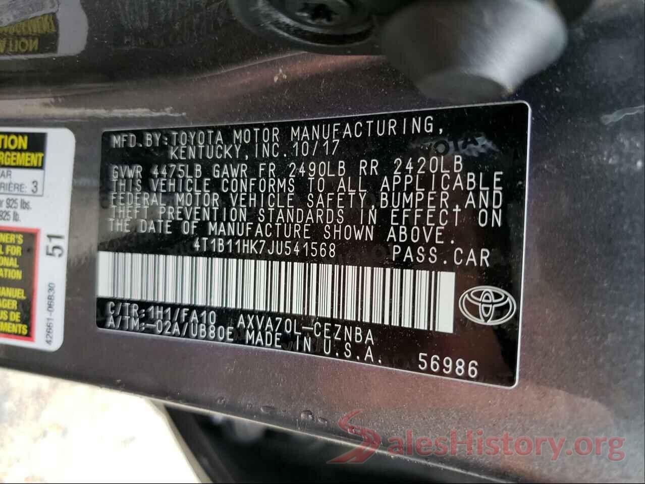 4T1B11HK7JU541568 2018 TOYOTA CAMRY