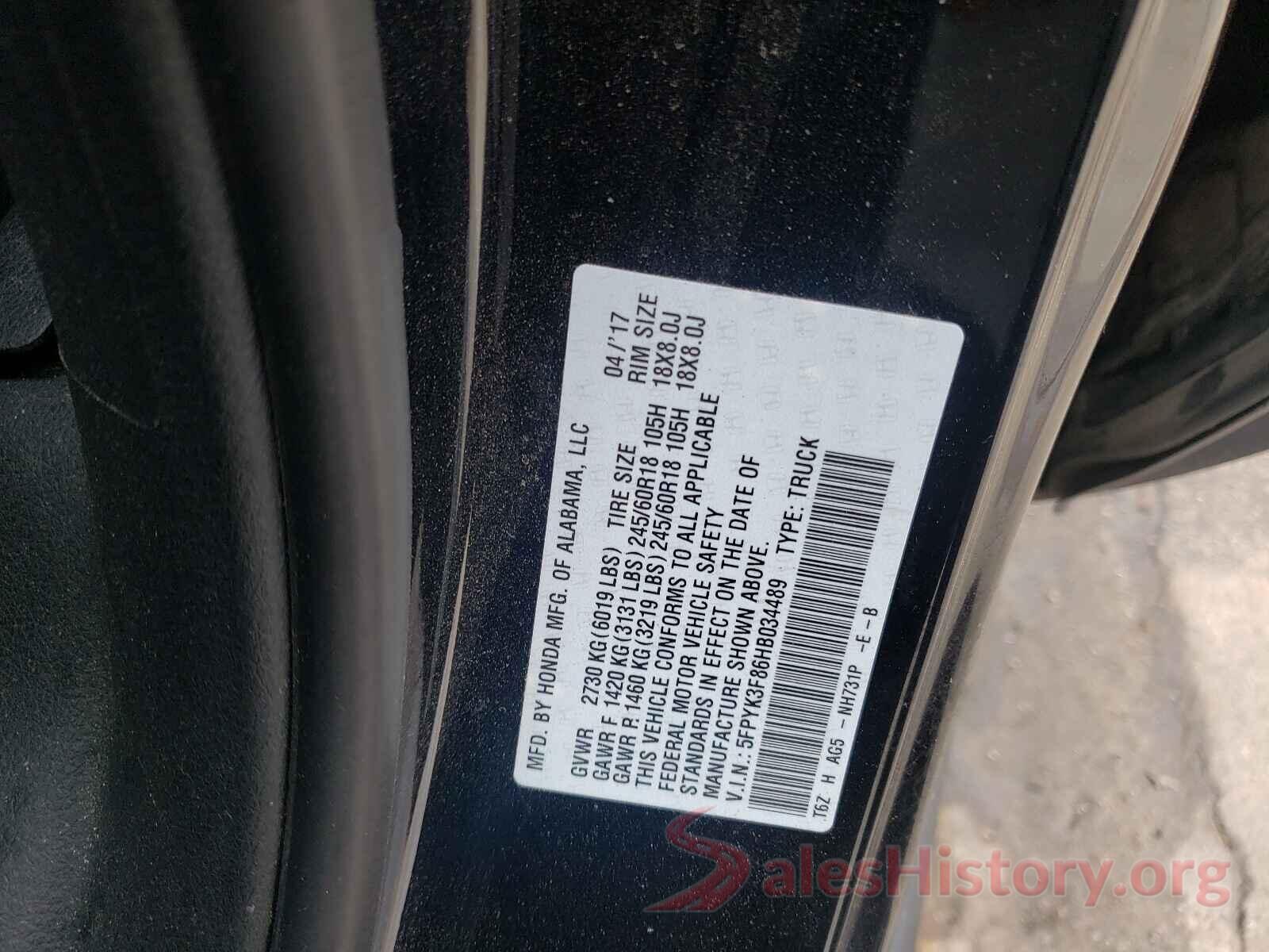 5FPYK3F86HB034489 2017 HONDA RIDGELINE