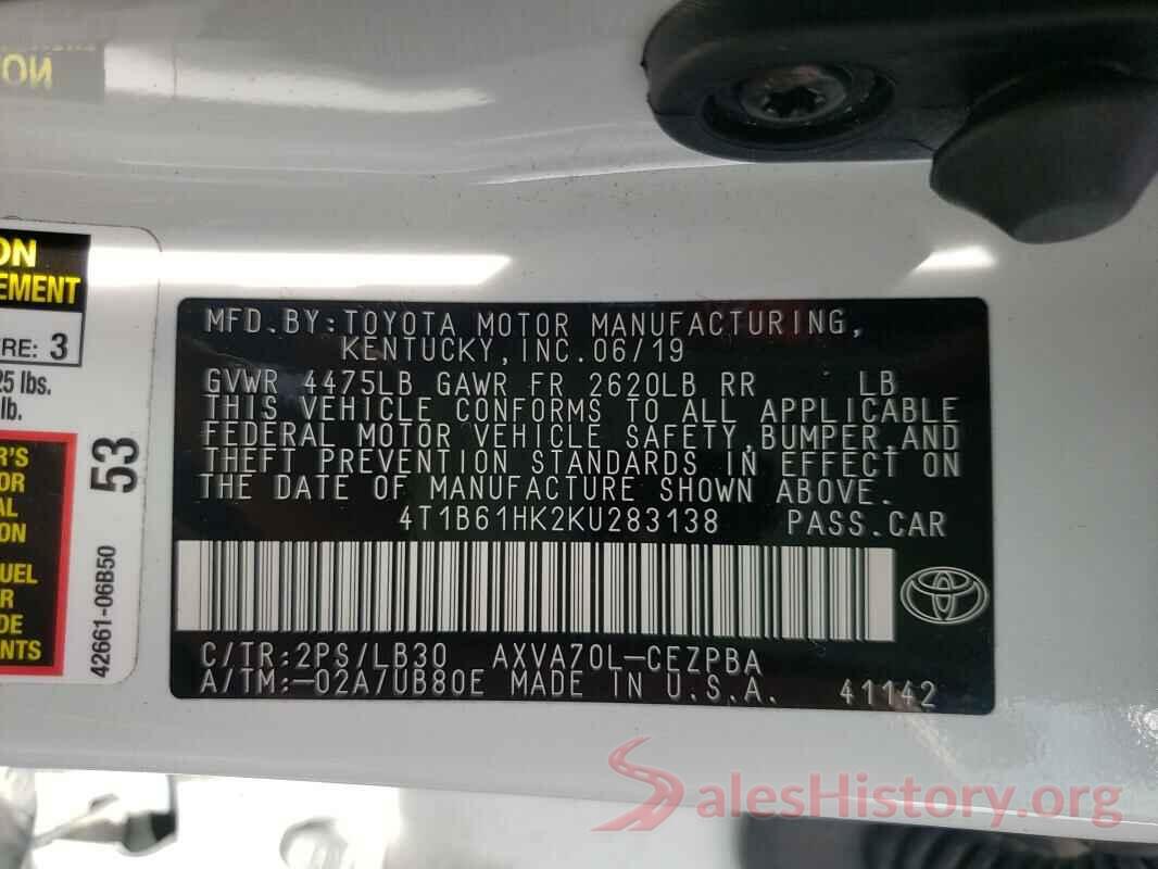 4T1B61HK2KU283138 2019 TOYOTA CAMRY