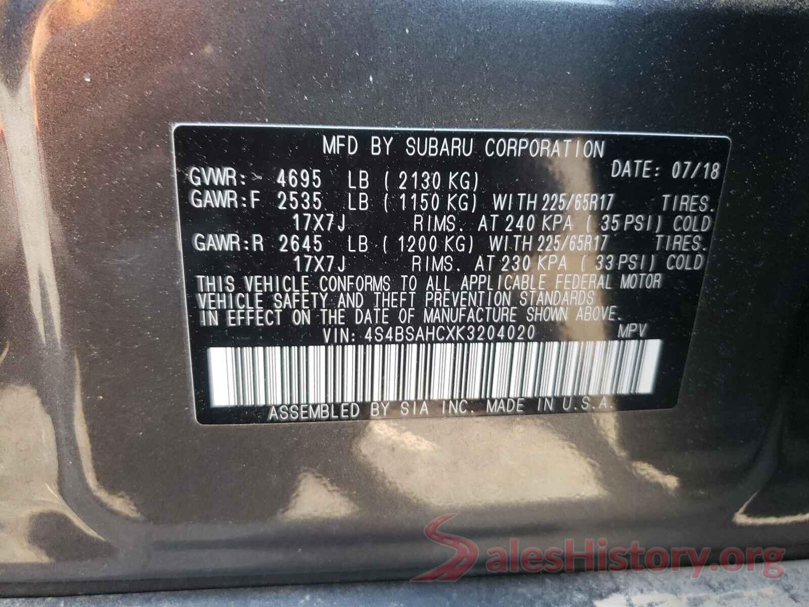 4S4BSAHCXK3204020 2019 SUBARU OUTBACK