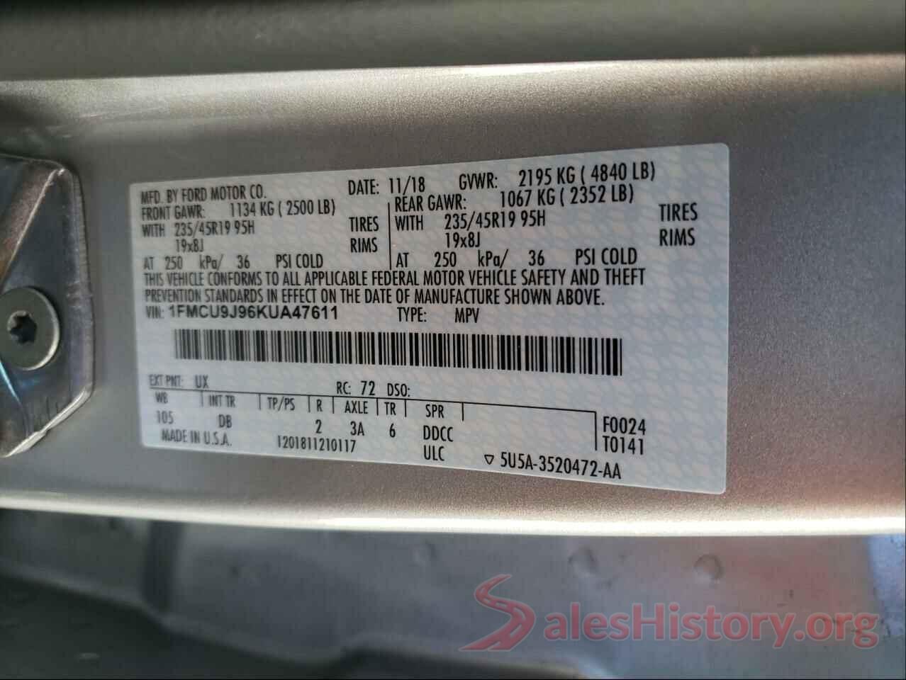 1FMCU9J96KUA47611 2019 FORD ESCAPE