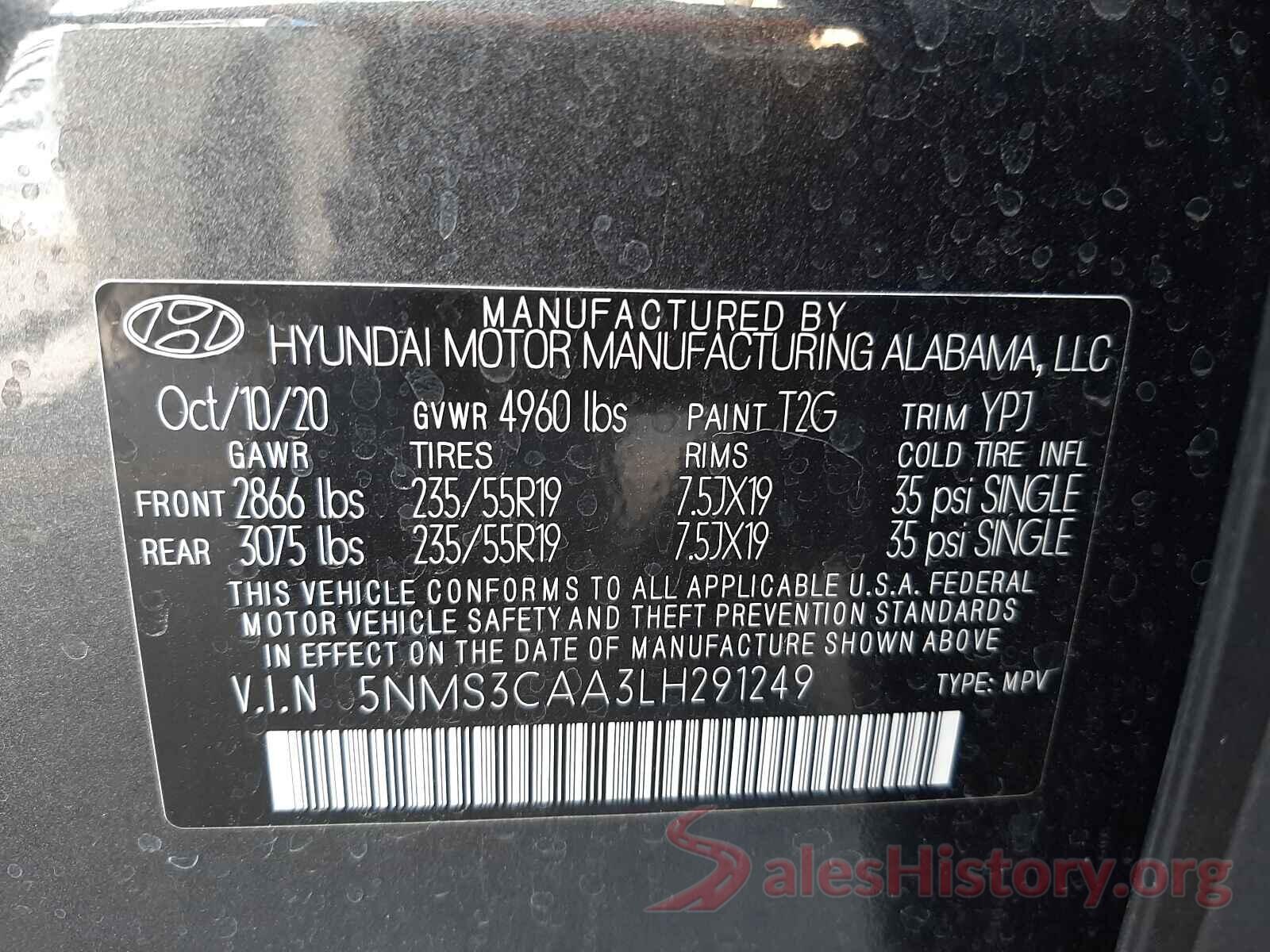 5NMS3CAA3LH291249 2020 HYUNDAI SANTA FE