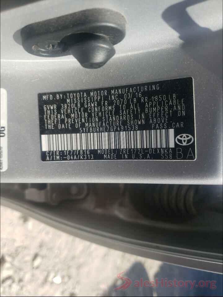 5YFBURHE7GP491538 2016 TOYOTA COROLLA