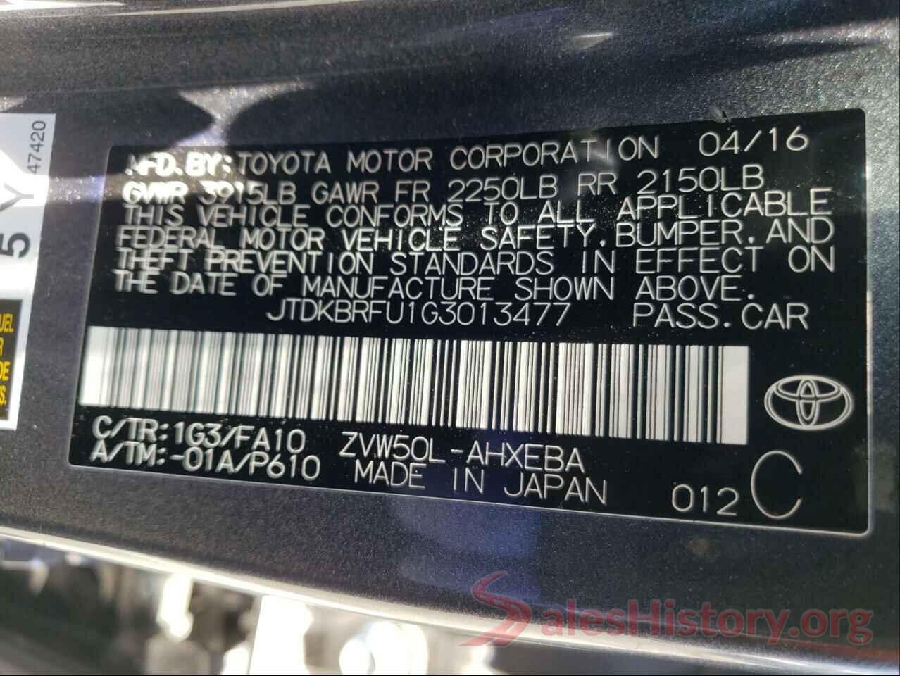 JTDKBRFU1G3013477 2016 TOYOTA PRIUS