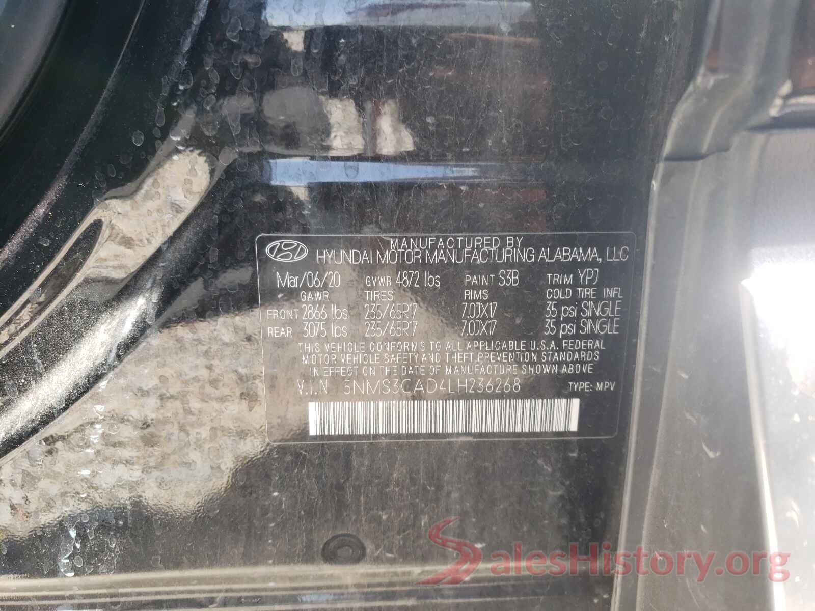 5NMS3CAD4LH236268 2020 HYUNDAI SANTA FE