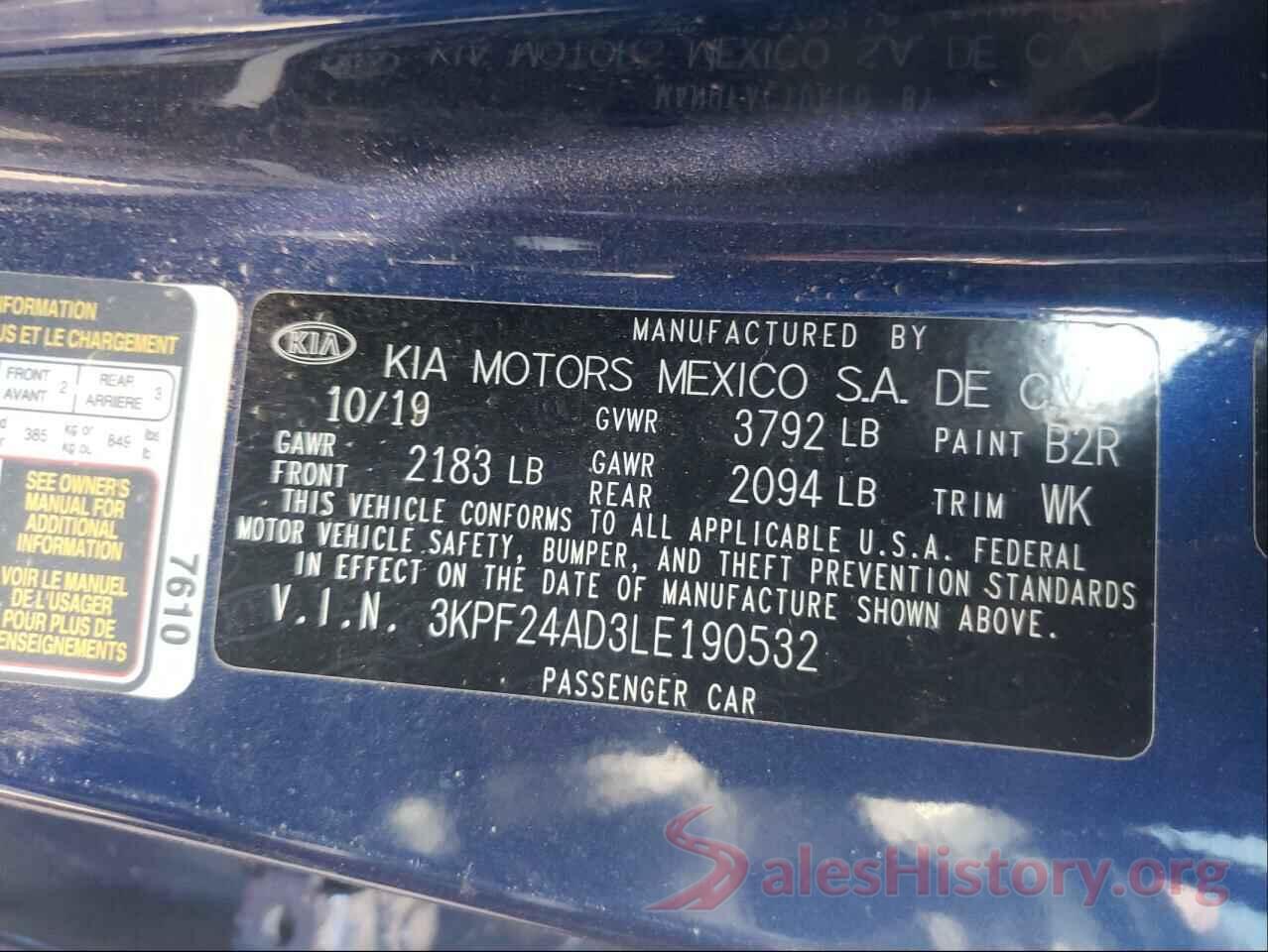 3KPF24AD3LE190532 2020 KIA FORTE