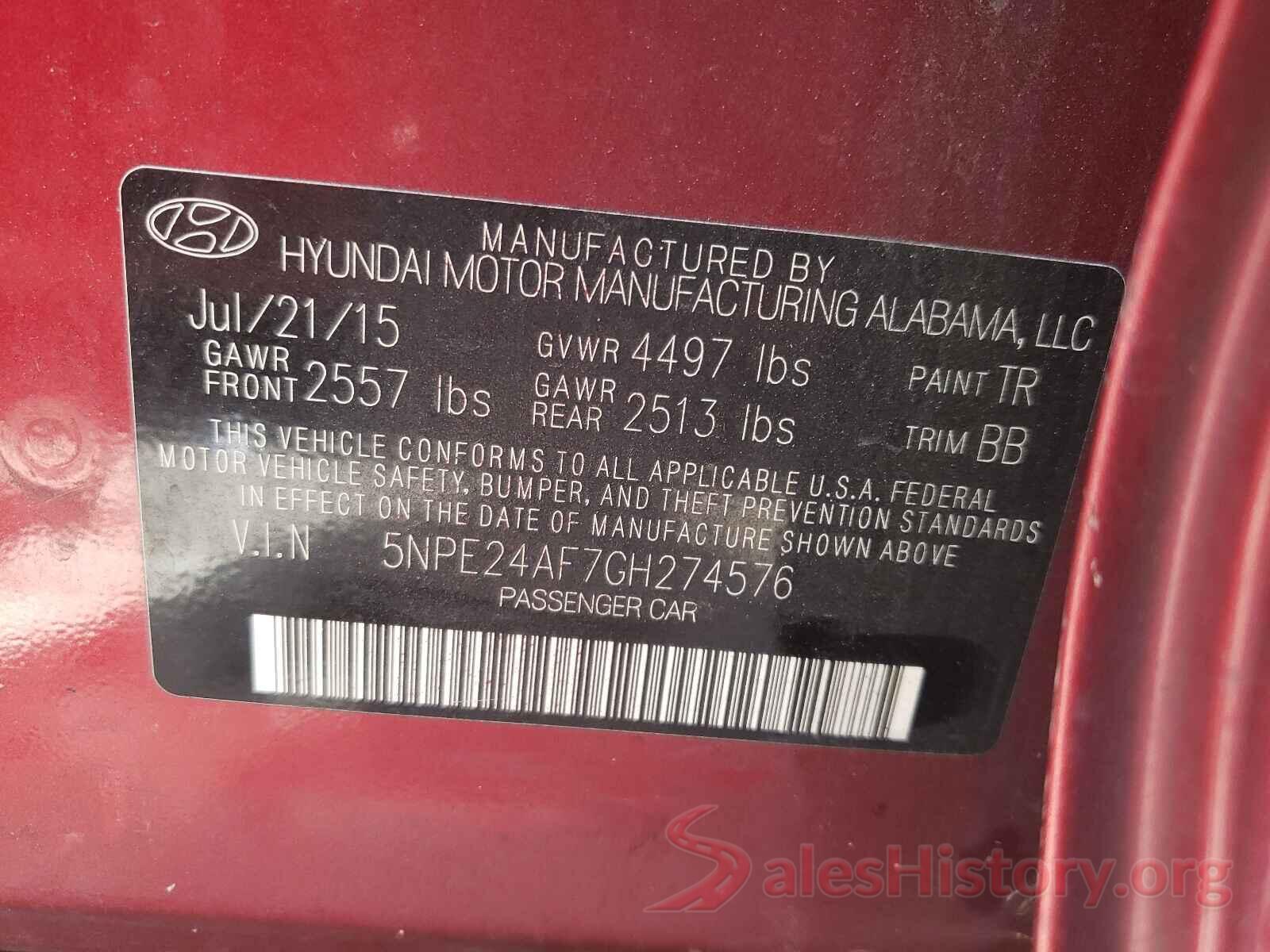 5NPE24AF7GH274576 2016 HYUNDAI SONATA