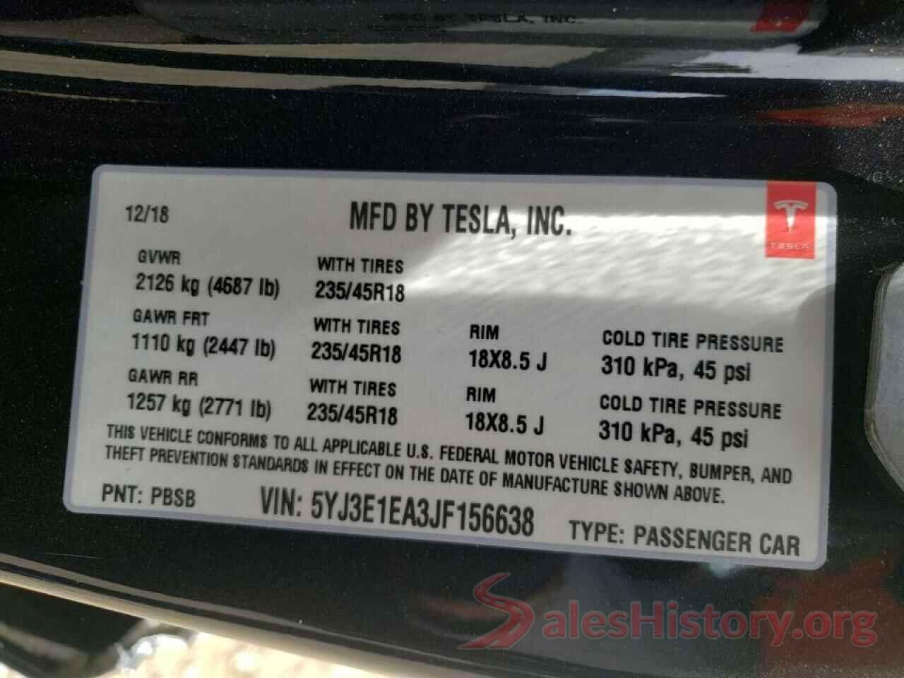 5YJ3E1EA3JF156638 2018 TESLA MODEL 3