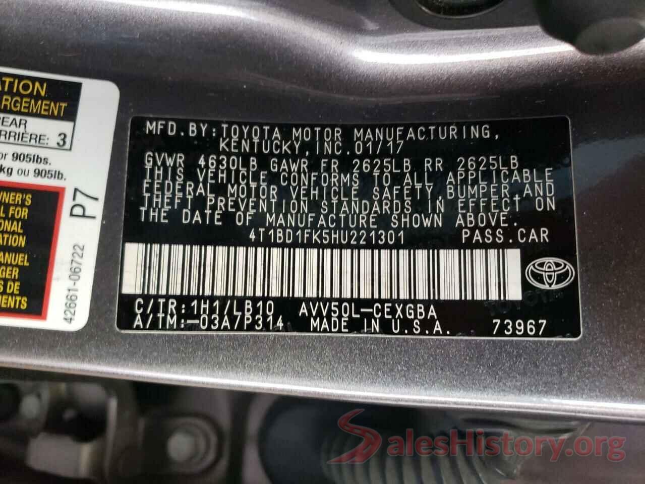 4T1BD1FK5HU221301 2017 TOYOTA CAMRY