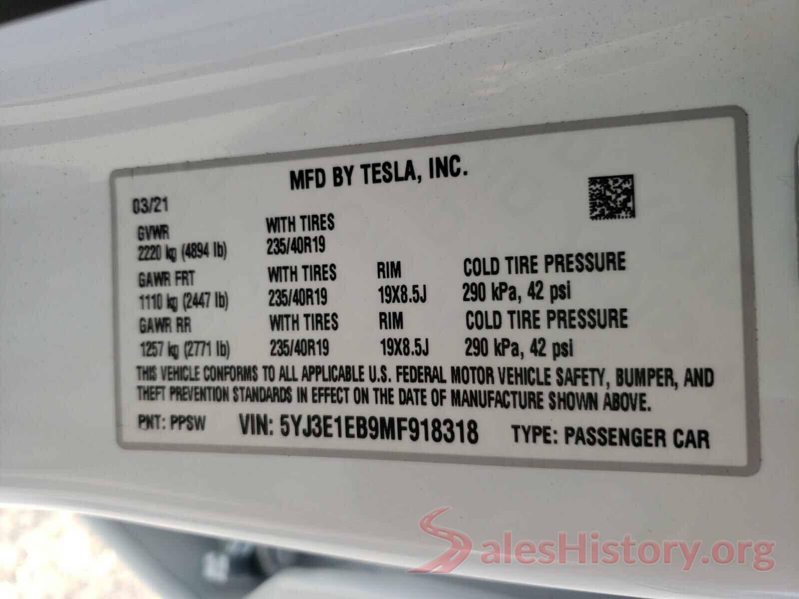 5YJ3E1EB9MF918318 2021 TESLA MODEL 3