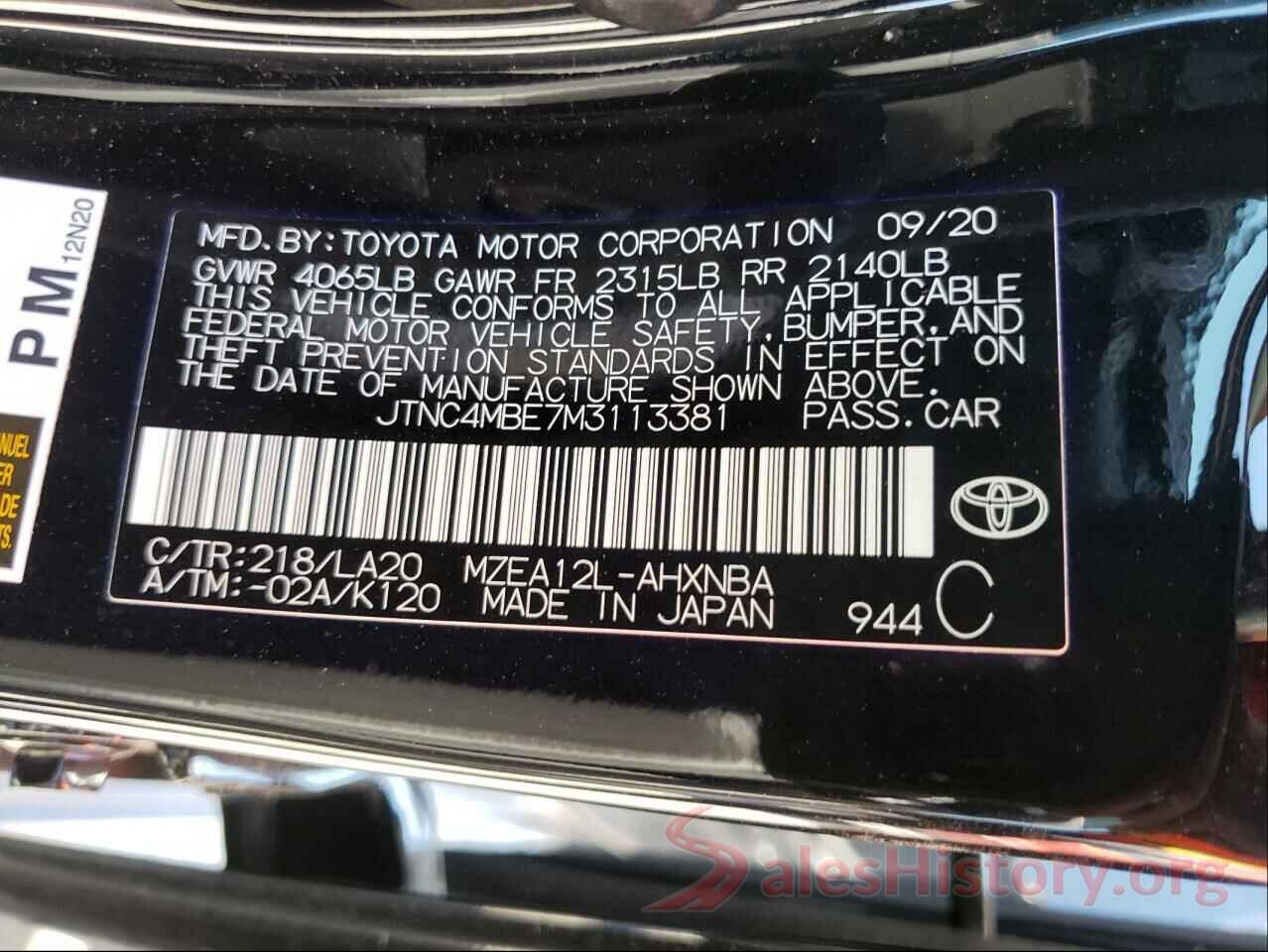 JTNC4MBE7M3113381 2021 TOYOTA COROLLA