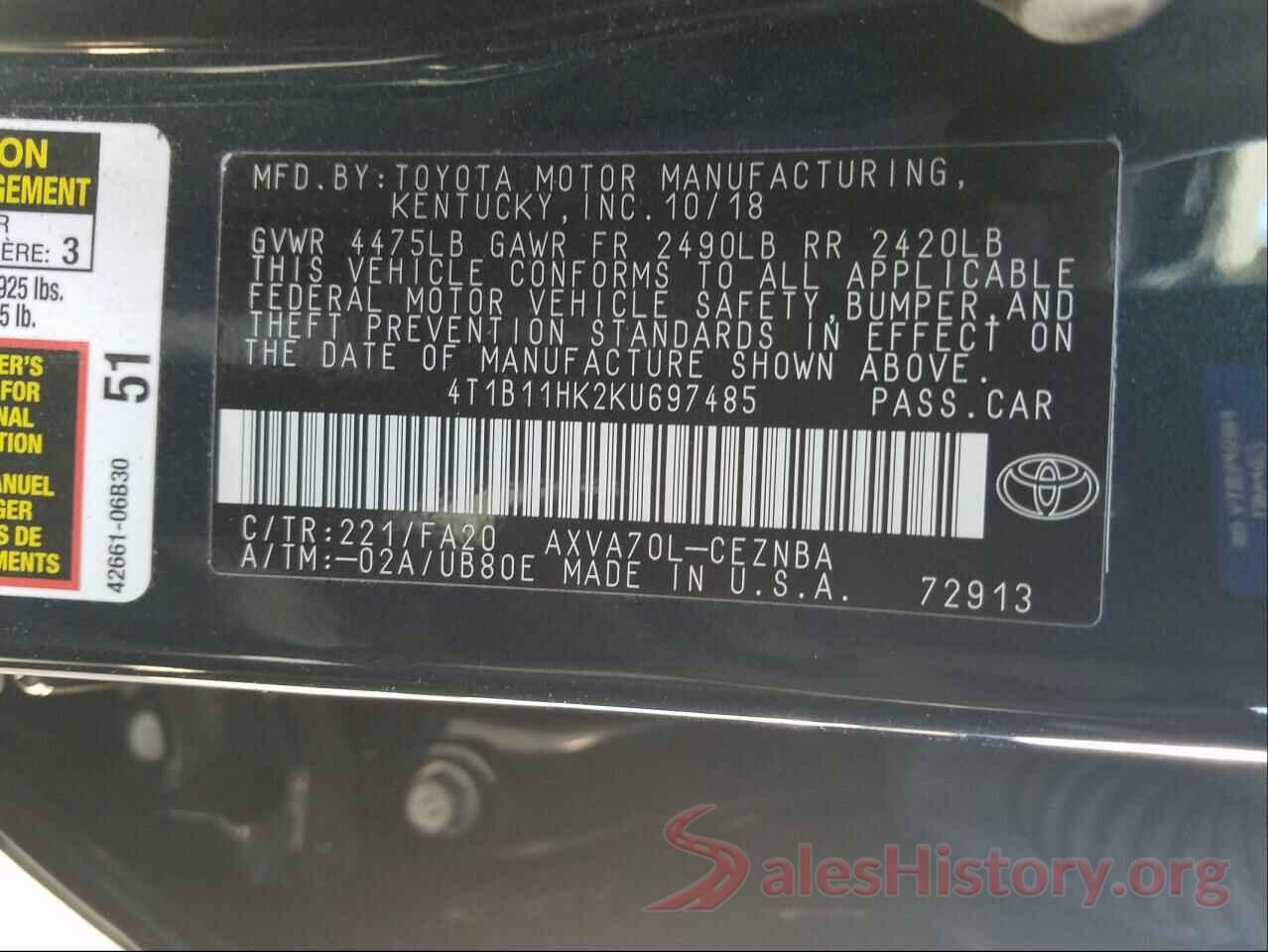 4T1B11HK2KU697485 2019 TOYOTA CAMRY