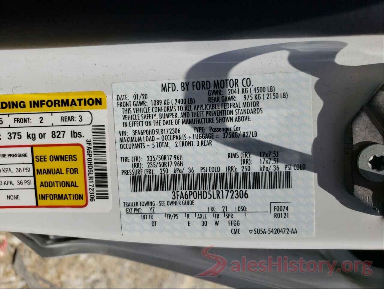 3FA6P0HD5LR172306 2020 FORD FUSION