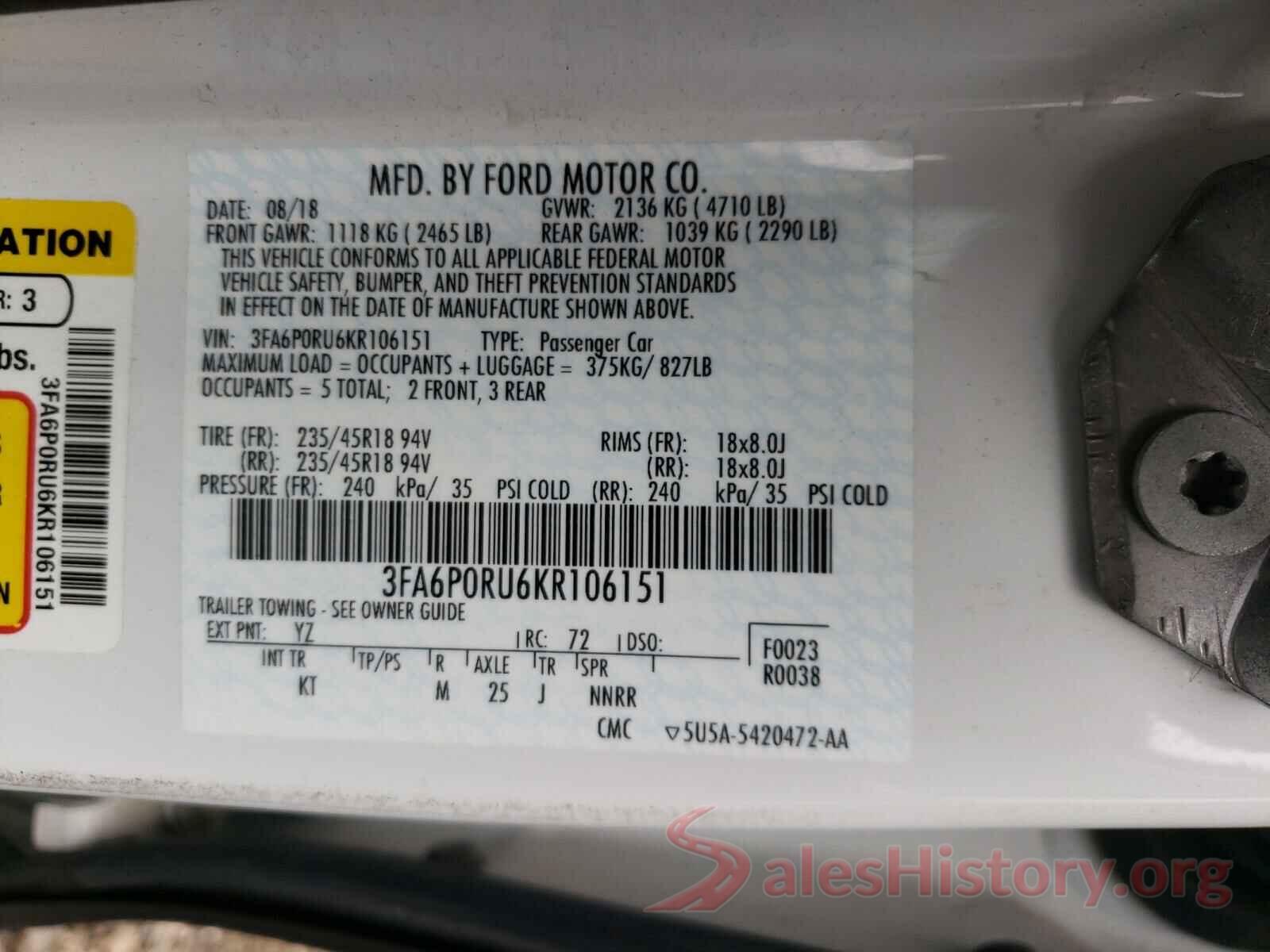 3FA6P0RU6KR106151 2019 FORD FUSION