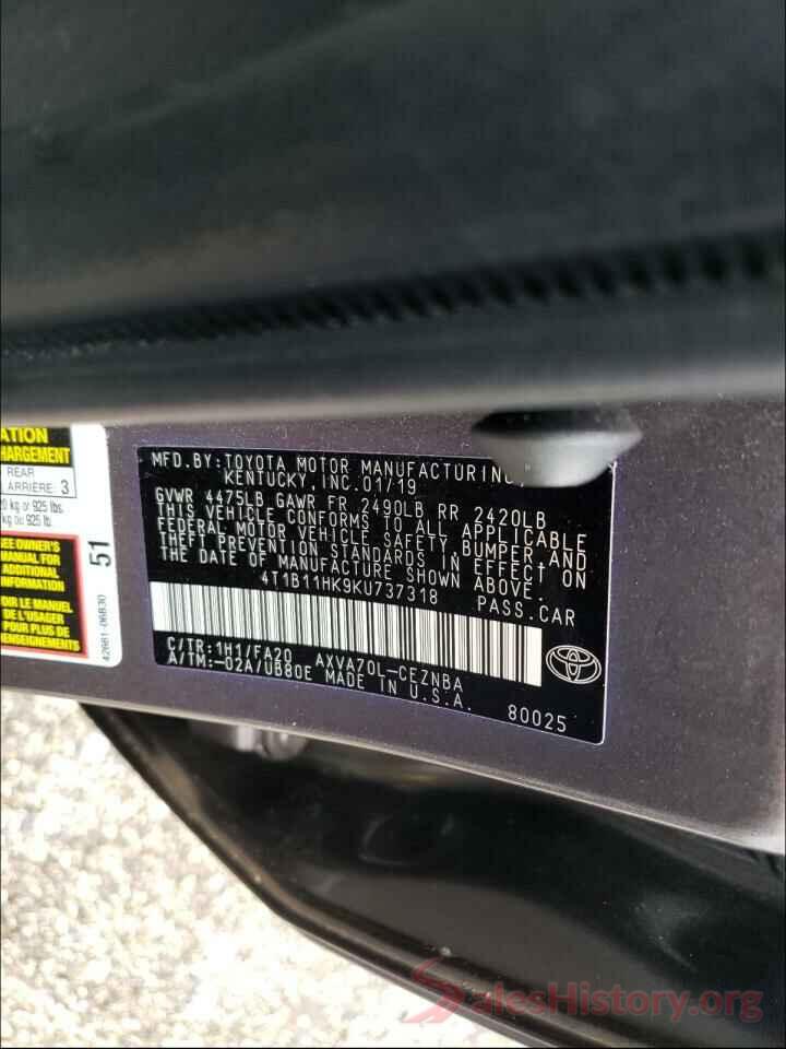 4T1B11HK9KU737318 2019 TOYOTA CAMRY