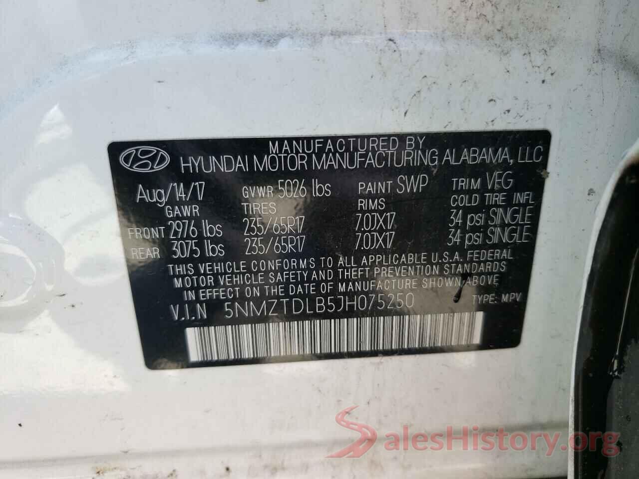 5NMZTDLB5JH075250 2018 HYUNDAI SANTA FE