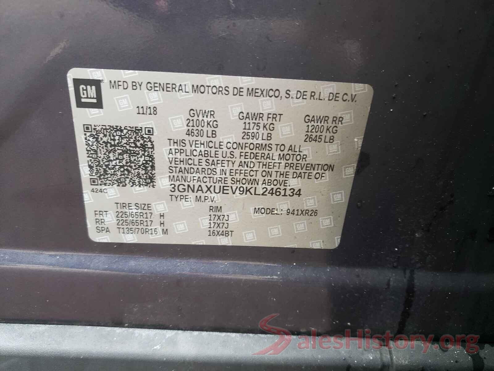 3GNAXUEV9KL246134 2019 CHEVROLET EQUINOX