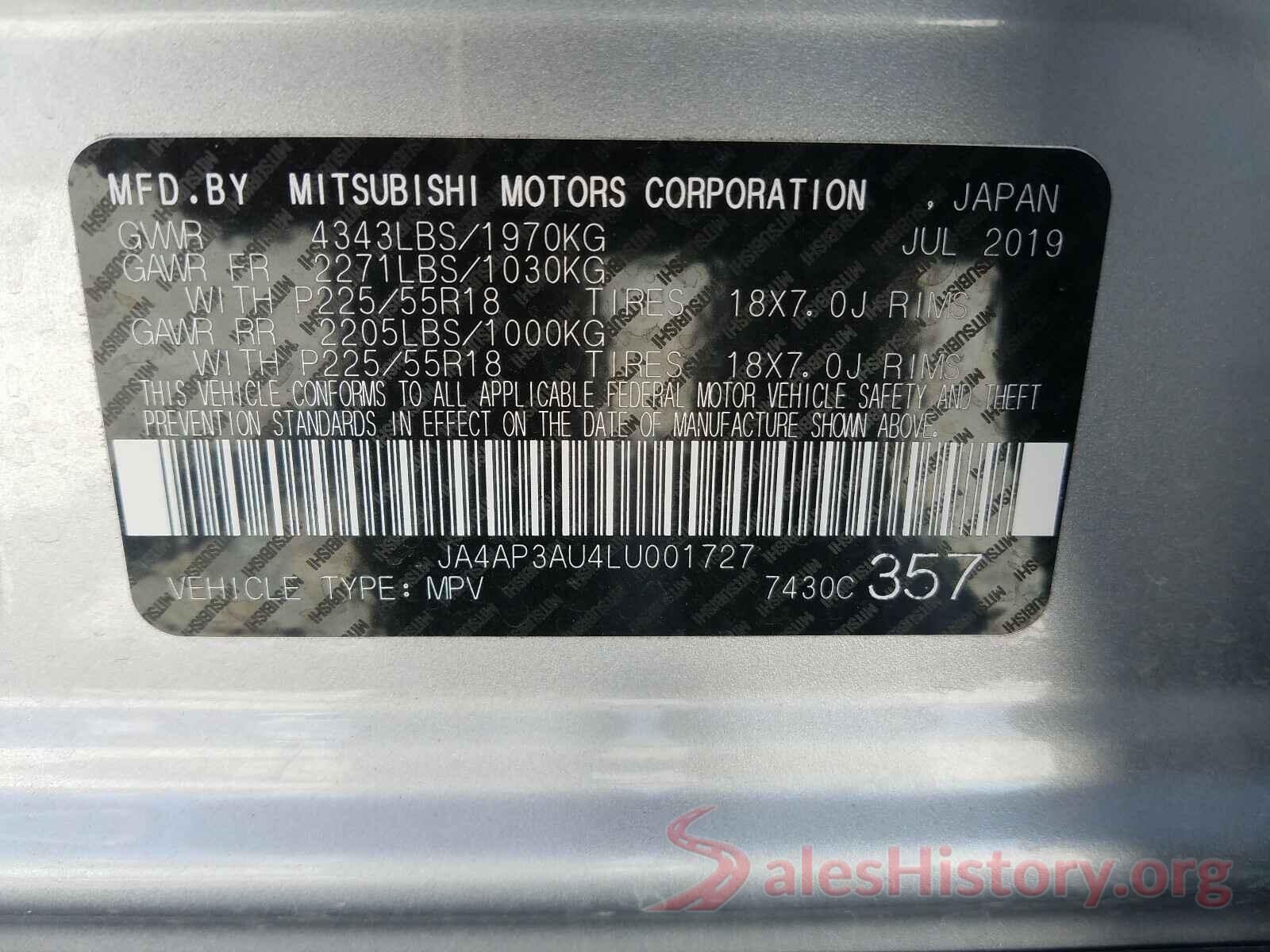 JA4AP3AU4LU001727 2020 MITSUBISHI OUTLANDER