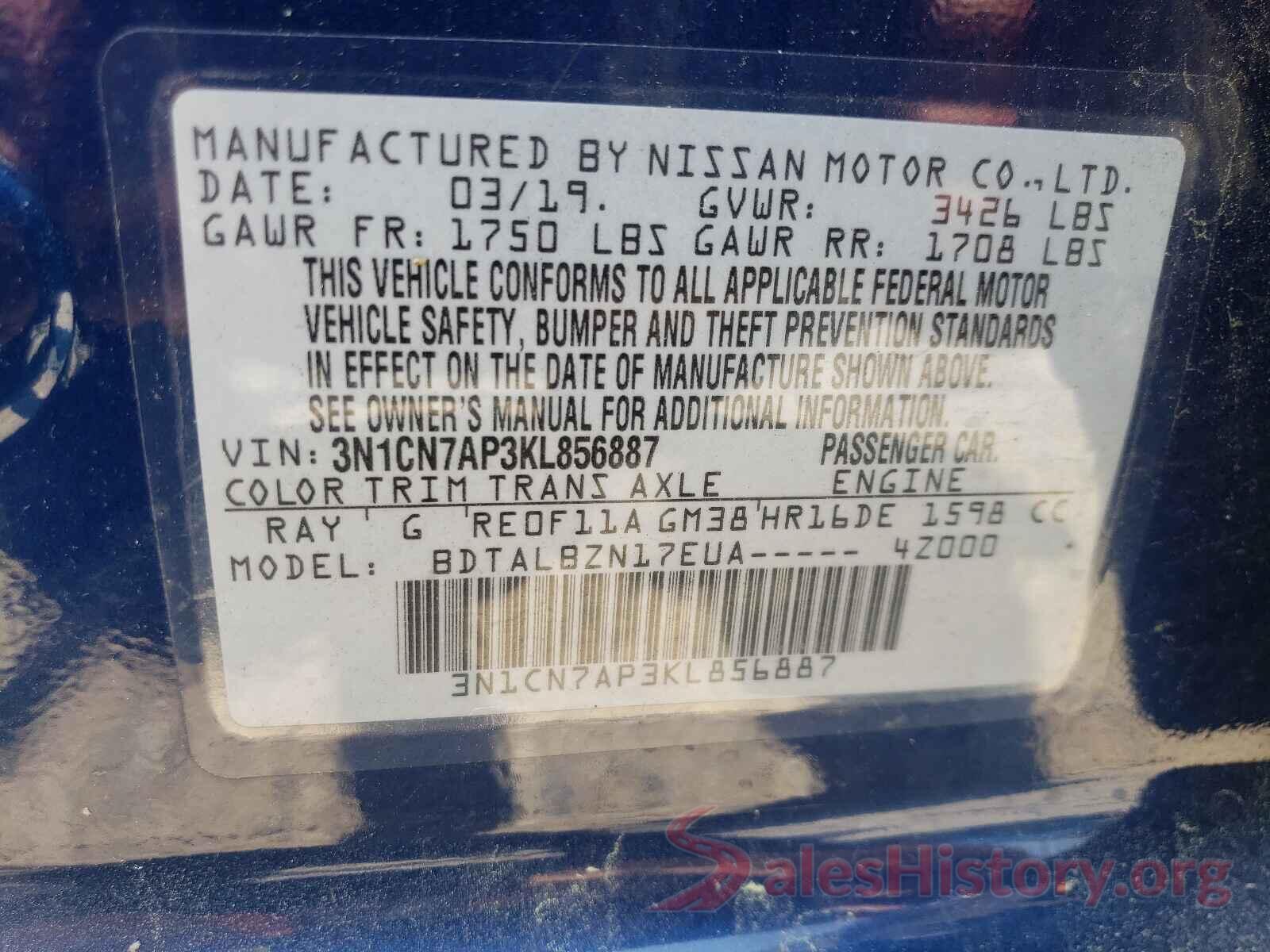 3N1CN7AP3KL856887 2019 NISSAN VERSA