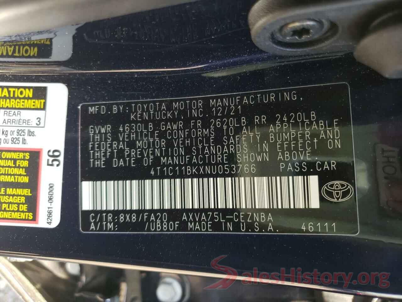 4T1C11BKXNU053766 2022 TOYOTA CAMRY