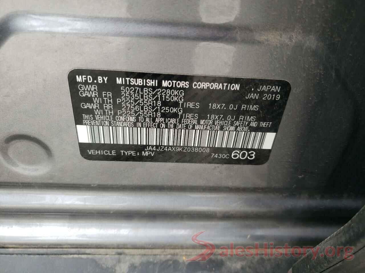 JA4JZ4AX9KZ038008 2019 MITSUBISHI OUTLANDER