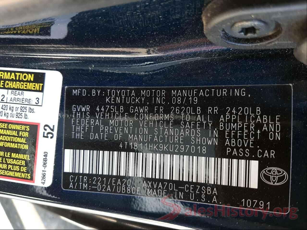 4T1B11HK9KU297018 2019 TOYOTA CAMRY