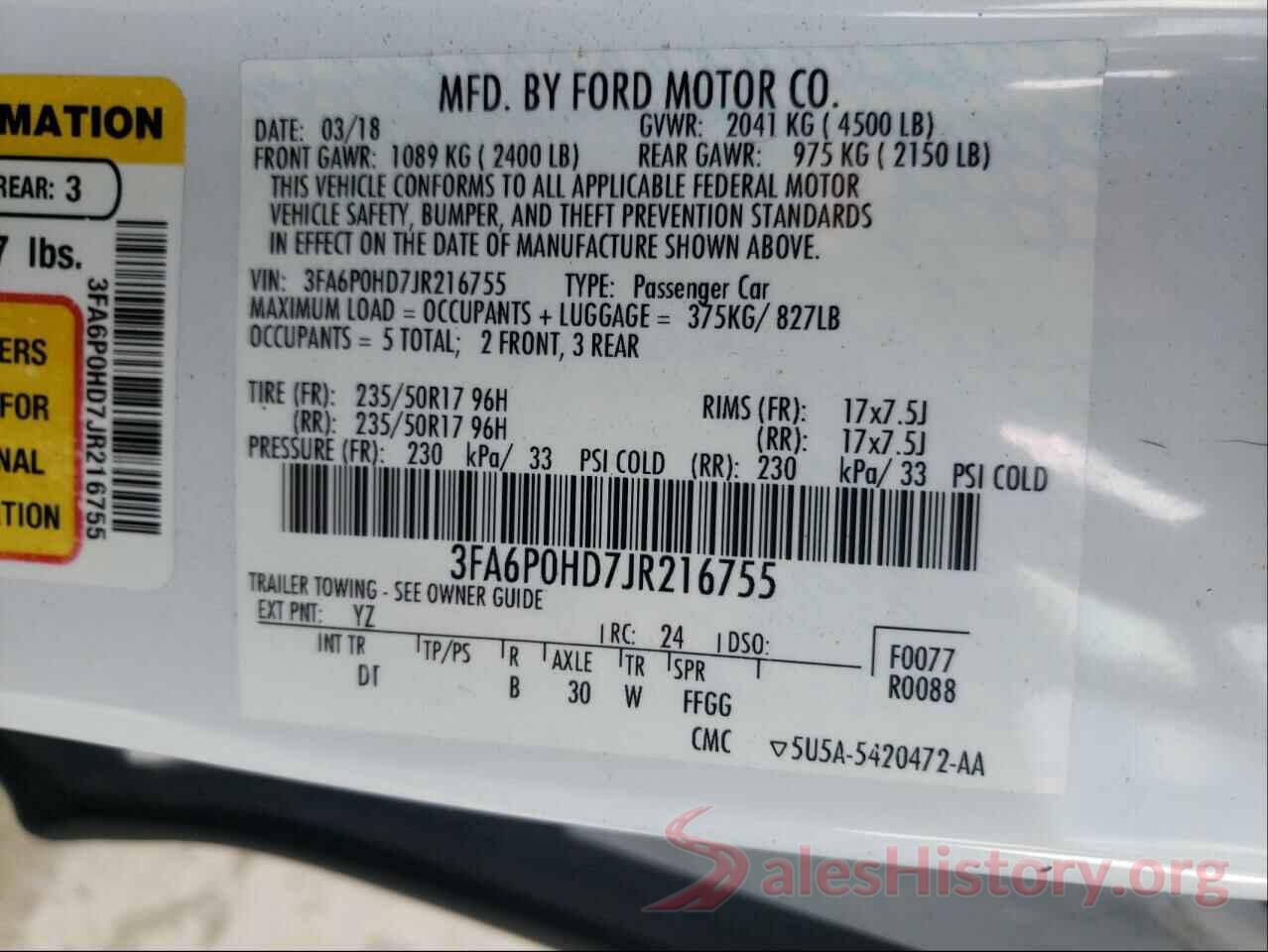 3FA6P0HD7JR216755 2018 FORD FUSION