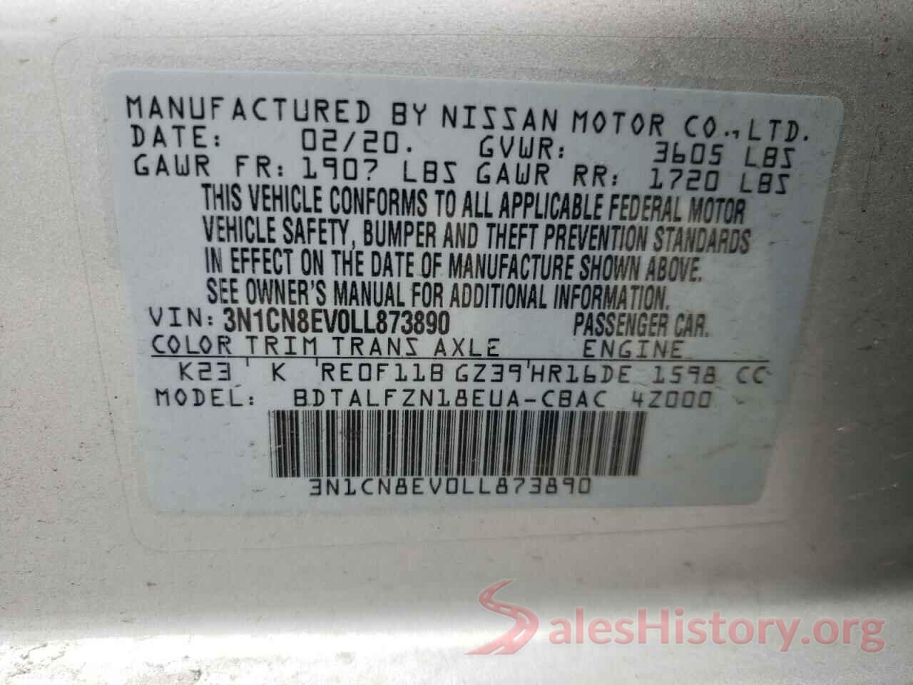 3N1CN8EV0LL873890 2020 NISSAN VERSA