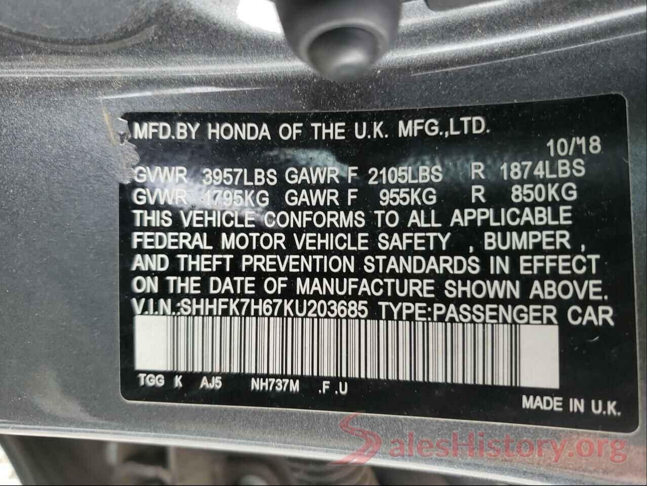 SHHFK7H67KU203685 2019 HONDA CIVIC