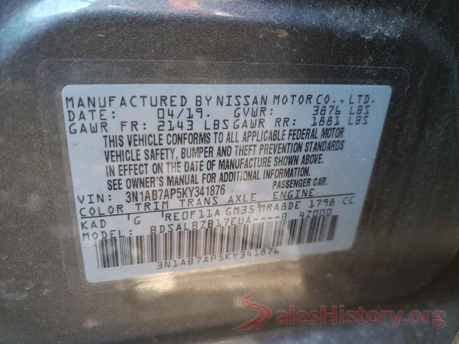 3N1AB7AP5KY341876 2019 NISSAN SENTRA