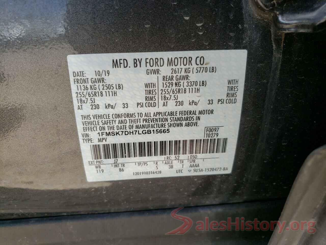 1FMSK7DH7LGB15665 2020 FORD EXPLORER