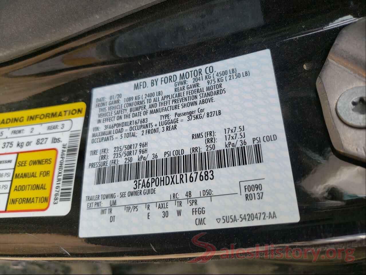 3FA6P0HDXLR167683 2020 FORD FUSION