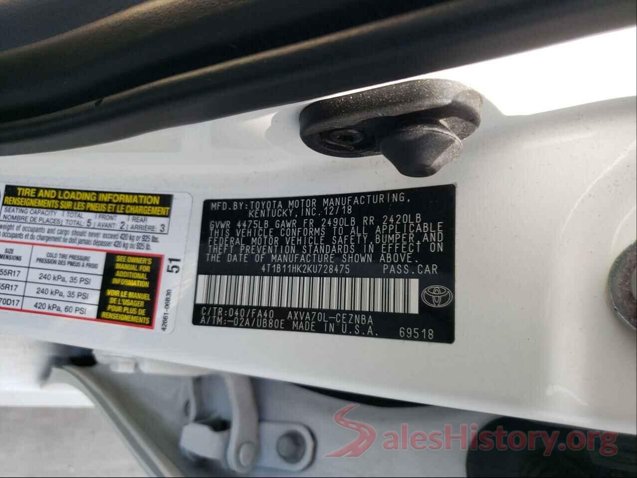 4T1B11HK2KU728475 2019 TOYOTA CAMRY