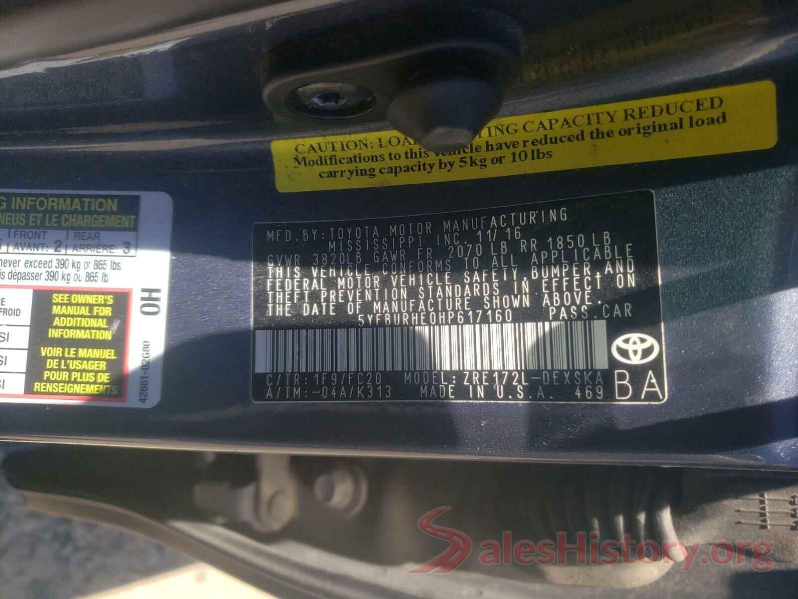 5YFBURHE0HP617160 2017 TOYOTA COROLLA