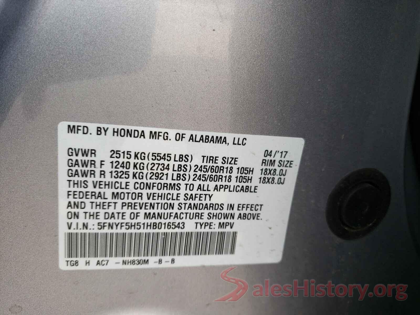 5FNYF5H51HB016543 2017 HONDA PILOT