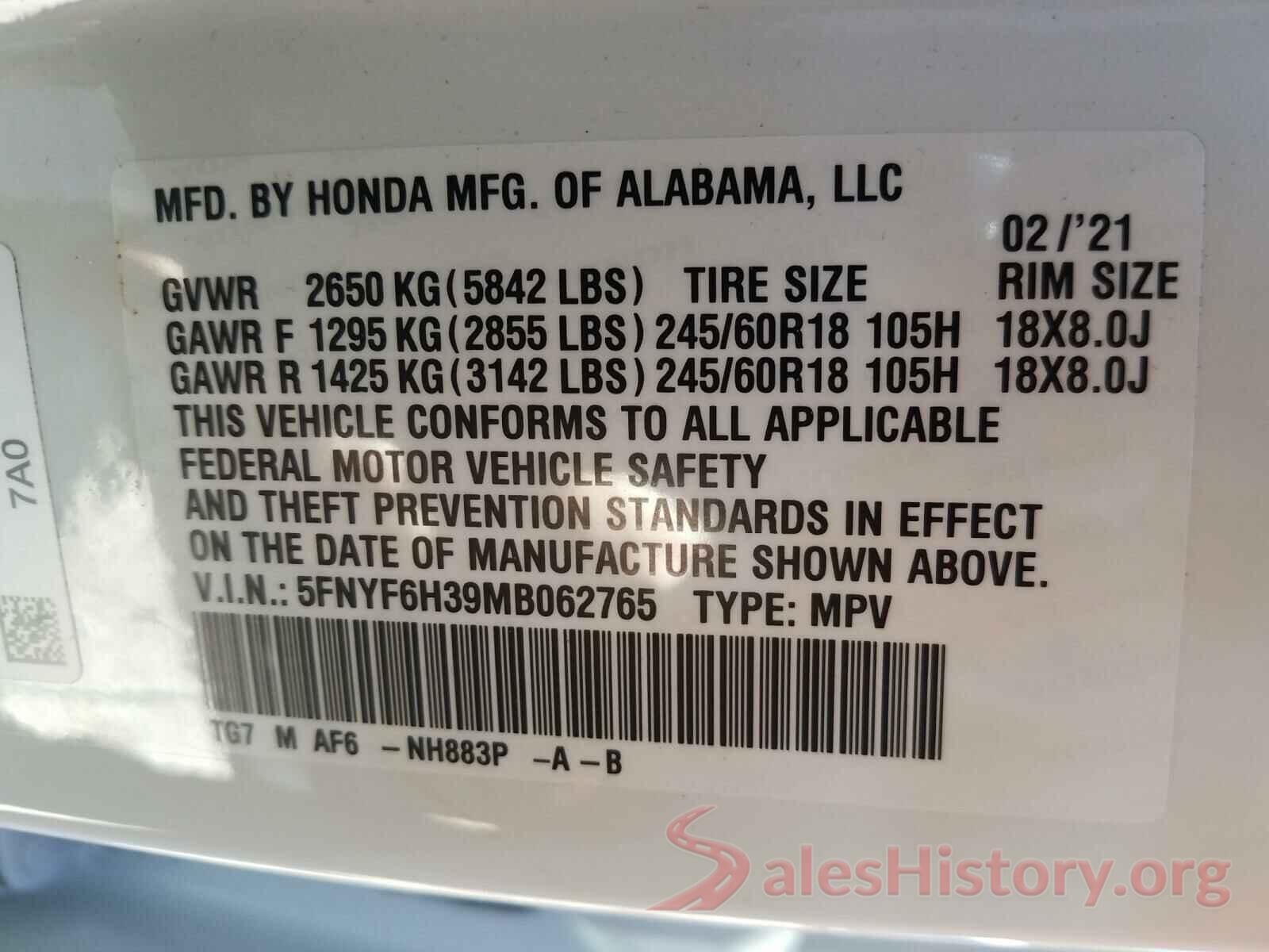 5FNYF6H39MB062765 2021 HONDA PILOT